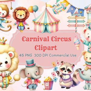 Schattig circus carnaval clipartbundel, aquarel circus png, commercieel gebruik, circusfeest, aquarel clipart, circusdieren, kinderkamer