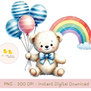 Teddy Bear blue Balloons & Rainbow PNG, watercolor Png, Baby Boy, Teddy Bear Clipart, Bear Baby Shower, Instant Digital Download, Clipart