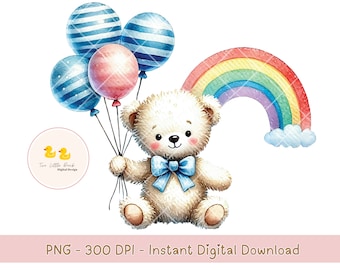 Oso de peluche globos azules y arco iris PNG, acuarela Png, bebé