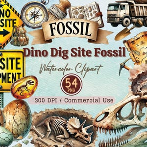 Könnte beinhalten: Ein Aquarell-Clipart-Set mit 54 Illustrationen von Dinosaurier-Grabungsstätten und Fossilien. Das Set enthält einen Kompass, eine Karte, einen LKW, eine Schaufel, ein Dinosaurierskelett, ein Dinosauriereier und ein Schild mit der Aufschrift "Dino Dig Site Equipment".
