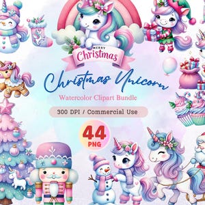 Christmas Unicorn Clipart Bundle, Watercolor Pastel Unicorn, Santa, Cute Unicorn, Christmas Unicorn png, Fairy Tale Clipart, Commercial Use