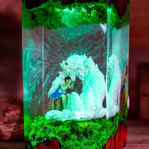 Puede incluir: Una pieza de arte decorativa de resina con un lobo blanco y una peque&ntilde;a figura con un vestido azul. La escena est&aacute; dentro de un bloque de resina transparente, con musgo verde y un fondo verde arremolinado. La base tiene aspecto de madera.