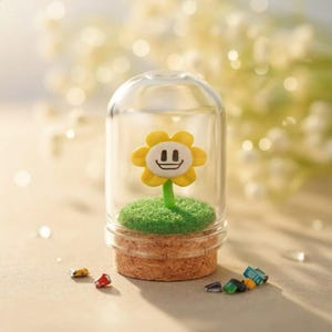 Flowey The Flower Glass Cloche |Undertale Inspired Desktop | Handmade Miniature Diorama Video Game Fan Art Unique Gaming Gift