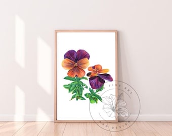 Viola Flowers Colored Pencil Art Print – Hand-Drawn Botanical Floral (Digital Download)