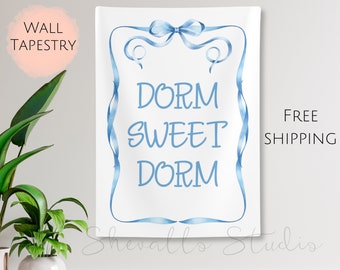 Dorm Sweet Dorm Wall Tapestry | Light Blue Dorm Room Decor | Aesthetic Wall Art for Dorm | Coquette Dorm Room | Above the Bed Wall Art