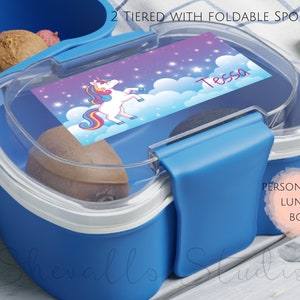 Personalisierte Einhorn zweiteilige Lunchbox | Personalisierte Lunch Box für Kinder | Geburtstagsgeschenk für Mädchen | Wiederverwendbare Lunch Box | Einhorn Lunch Box