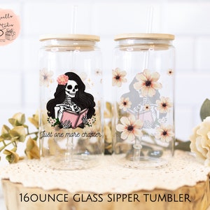 Just One More Chapter Glass Can | 16oz Glass Iced Coffee Tumbler | Skeleton Iced Coffee | Book Lover Gift | Floral Glass Can for Her