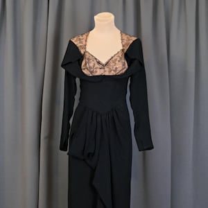 Vintage 1940s Dorothy O&#39;Hara Dress, Black Dressy Evening Cocktail with Lace over Peach Draped Bust, 36 bust, with issues