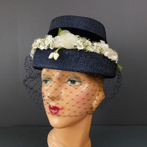 Vintage Dark Blue Straw Floral Hat 1950s with Netting, 21 inch head, Alexes