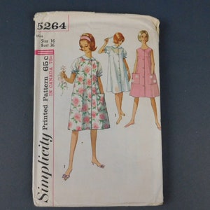 Vintage 1960s Nightgown Duster Robe Pattern Simplicity 5264, 36 bust