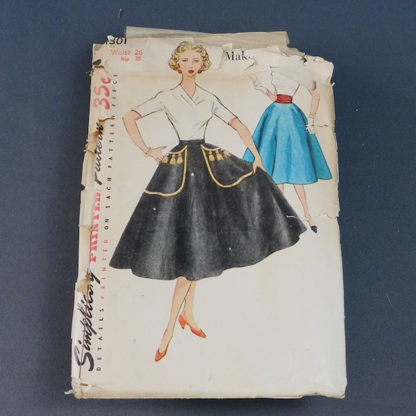 Vintage Full 1950s Skirt Pattern with Transfer, Simplicity 4301, 26 waist