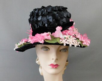 Vintage Black Straw Wide Brim Hat with Pink Flowers, 1960s