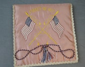 Vintage Silk Hankie Bag, WWII Forget Me Not, Soldier to Sweetheart gift, unused, Embroidered US Flags