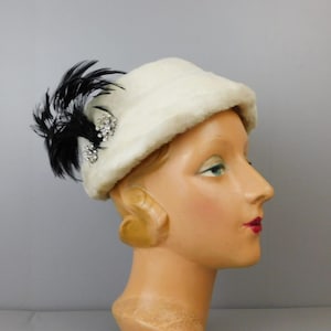 Vintage White Faux Fur Hat with Black Feathers and Rhinestones, 1950s, 21 inch head