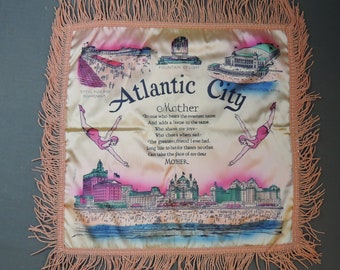 Vintage Atlantic City NJ 1940s Pillow Cover, Beach scene, divers, swimsuits, Pink Satin with Fringe, Mother Poem Souvenir, unused