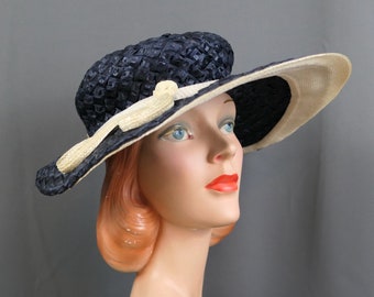 Vintage Navy & White Wide Brim Hat by Mr. John Jr. 1960s XS 20 inch head