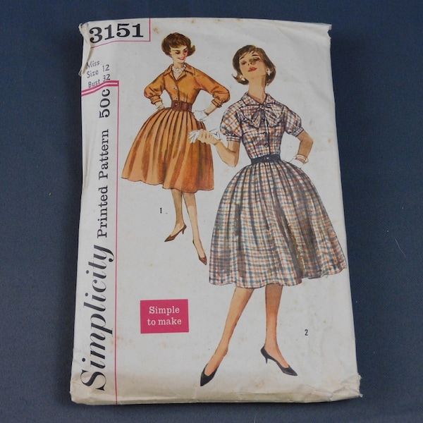 Vintage 1950s Shirtwaist Full Skirt Dress Pattern, Simplicity 3151, 32 bust