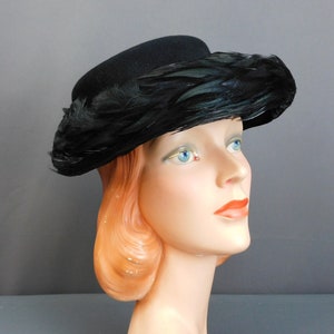 Vintage 1940s Black Feather Hat Felt, New York Creation, 22 inch head