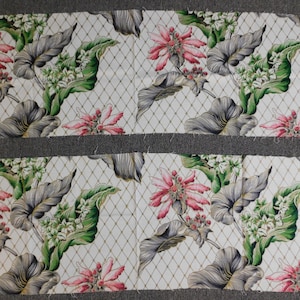 Vintage 2 Floral Barkcloth Fabric Remnants 1950s Pink & Grey with Gold, 46x14