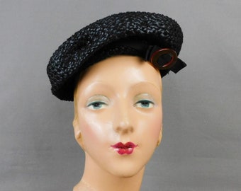 Vintage Black Straw Pancake Hat with Brown Plastic Tortoise Buckle 1930s, Beret Style 22 inch size head