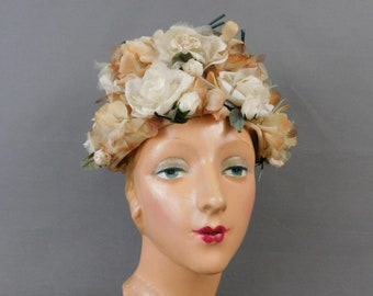 Vintage Ivory and Beige Floral Hat 1960s, Modern Miss