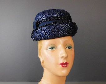 Vintage Dark Blue Straw Hat with Beads and Ribbon, 1960s Toppers, Norman Durand