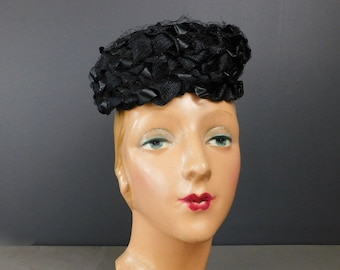 Vintage Black Straw and Raffia Pillbox Topper Hat with Netting, 1960s, 21 inch