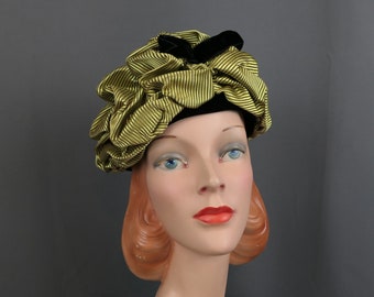 Vintage Yellow & Black Striped Hat by Jeanne Tete 1960s, 21 inch head