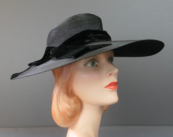 Vintage Black Straw Wide Brim 1930s Hat with Velvet Band & Bow, 21 inch head, 16 inches wide