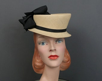 Vintage 1940s Tilt Hat Genuine Panama Straw with Black Ribbon Bows