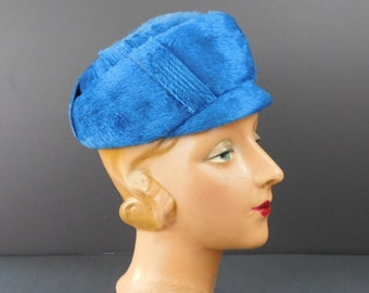 Vintage Plush Blue Felt Hat Schiaparelli 1960s, 22 inch head