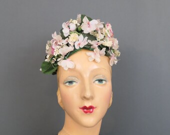 Vintage Pink & Tiny Ivory Flowers Hat by Miss Alice 1950s, 21 inch head