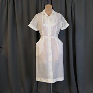 Vintage White Nurse or Waitress Uniform, late 1950s to 1960s, 36 bust, slightly sheer stiff nylon