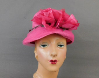 Vintage Bright Pink Straw Hat with Flowers and Tulle 1960s 21 inch head