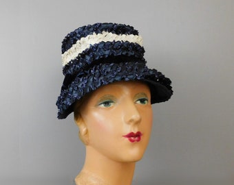 Vintage Navy & White Straw Raffia Hat with Velvet Bow, 1960s Bucket 21 inch head