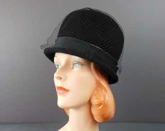 Vintage Black Felt Hat with Tall Rounded Top, Netting and Vinyl Trimmed Bow, 22 inch head