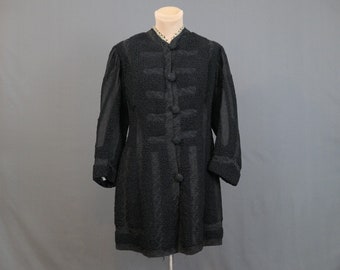 Vintage Edwardian Black Cord Coat with Embroidery, 1900s, 34 inch bust, missing lining, some damage, early Saks Label