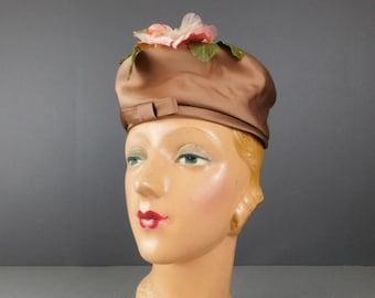 Vintage Floral Satin Hat, 1960s Light Brown with Pink, Yellow Coral Flowers, 21 inch head