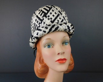 Vintage Black and White Straw Hat 1960s Mr. John Classic, Tall, 21 inch head