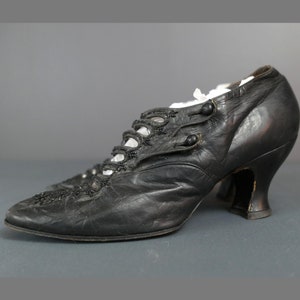 Edwardian Antique Beaded Shoes, Black Leather with Multiple Straps, 2 Buttons Closure, 1900s, very small