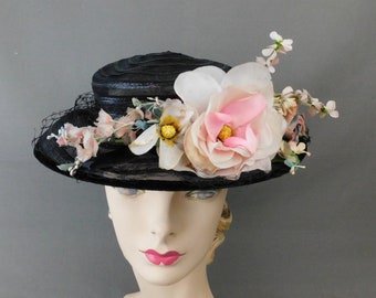 Vintage Sheer Black & Pink Floral 1940s Hat, New York Creation