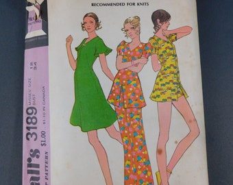 Vintage 1970s Dress, Tunic, Shorts & Pants Pattern for Knit Fabric, McCall's 3189, 34 bust