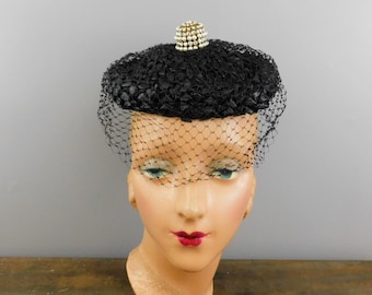 Vintage Black Topper Hat with Rhinestones and Pearls 1960s Evening Cocktails,  Straw Raffia