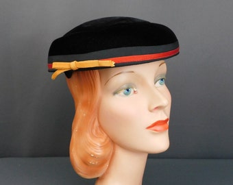 Vintage Black Velvet Hat with Black & Red Ribbon Trim, 1950s, 21 inch head