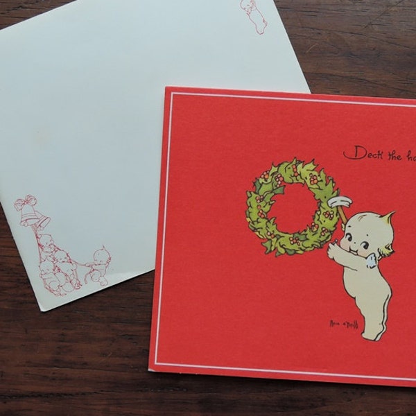 Vintage Kewpie Christmas Card - Rose O'Neill  - 'Deck The Halls . . . ' 1970s, unused with envelope