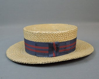 Vintage Men's Straw Hat size 7-1/8 Early 1900s to 1920s, Skimmer Boater Damaged As Is