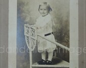 Antique Cabinet Photo, Child on Wicker Chair Edwardian 8x6 inches, early 1900s, Vintage Black White