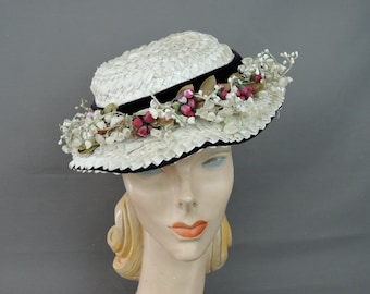 Vintage 1940s Floral Straw Hat, Tilt Hat White with Black Velvet