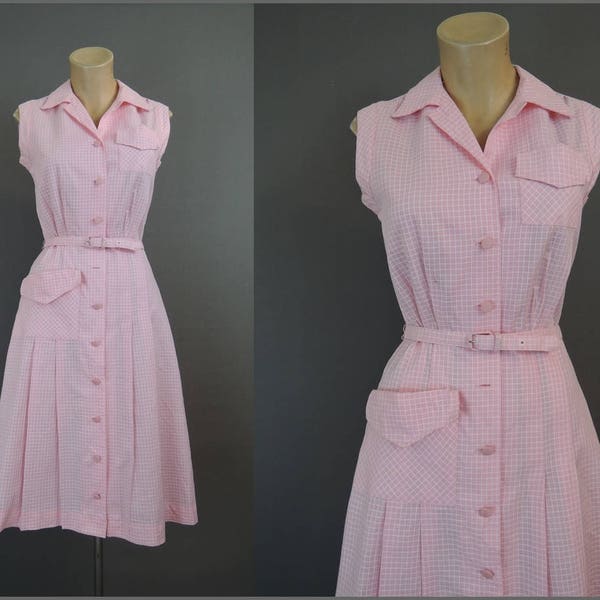 Vintage Pink Cotton Day Dress 1950s, 35 bust, Button Front Plaid Summer Sleeveless