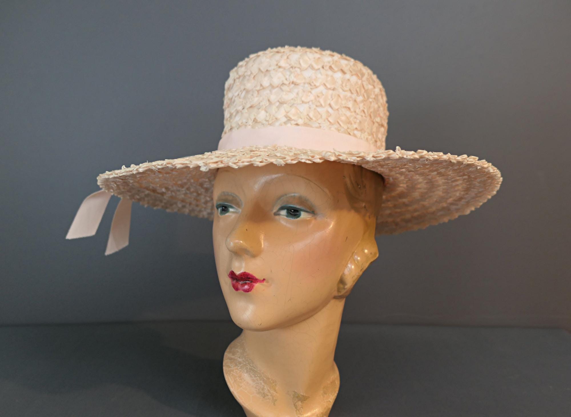 Vintage Pale Pink Straw Hat Summer, Wide Brim, 1960s, Fits 